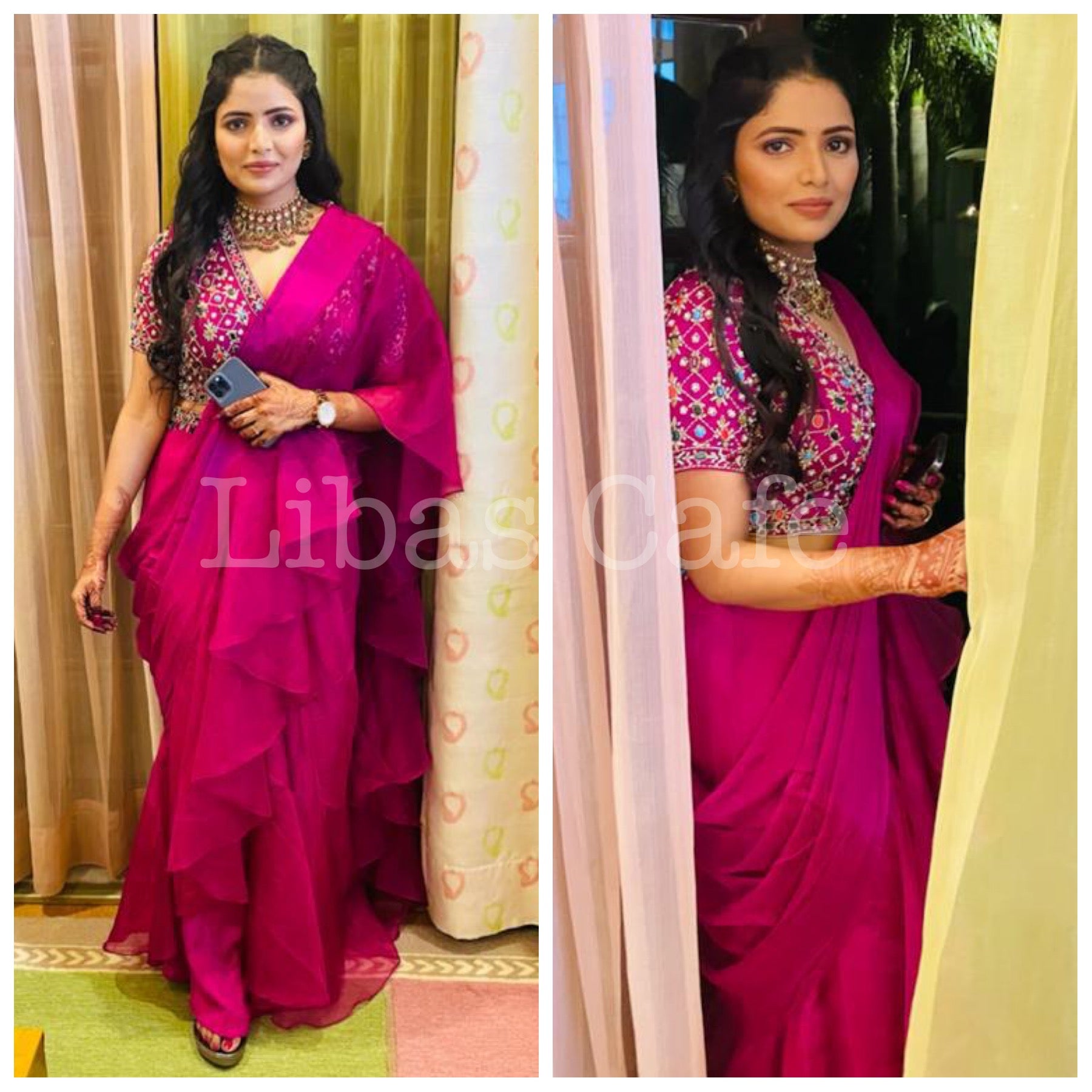 Client In Wine Ruffle Saree